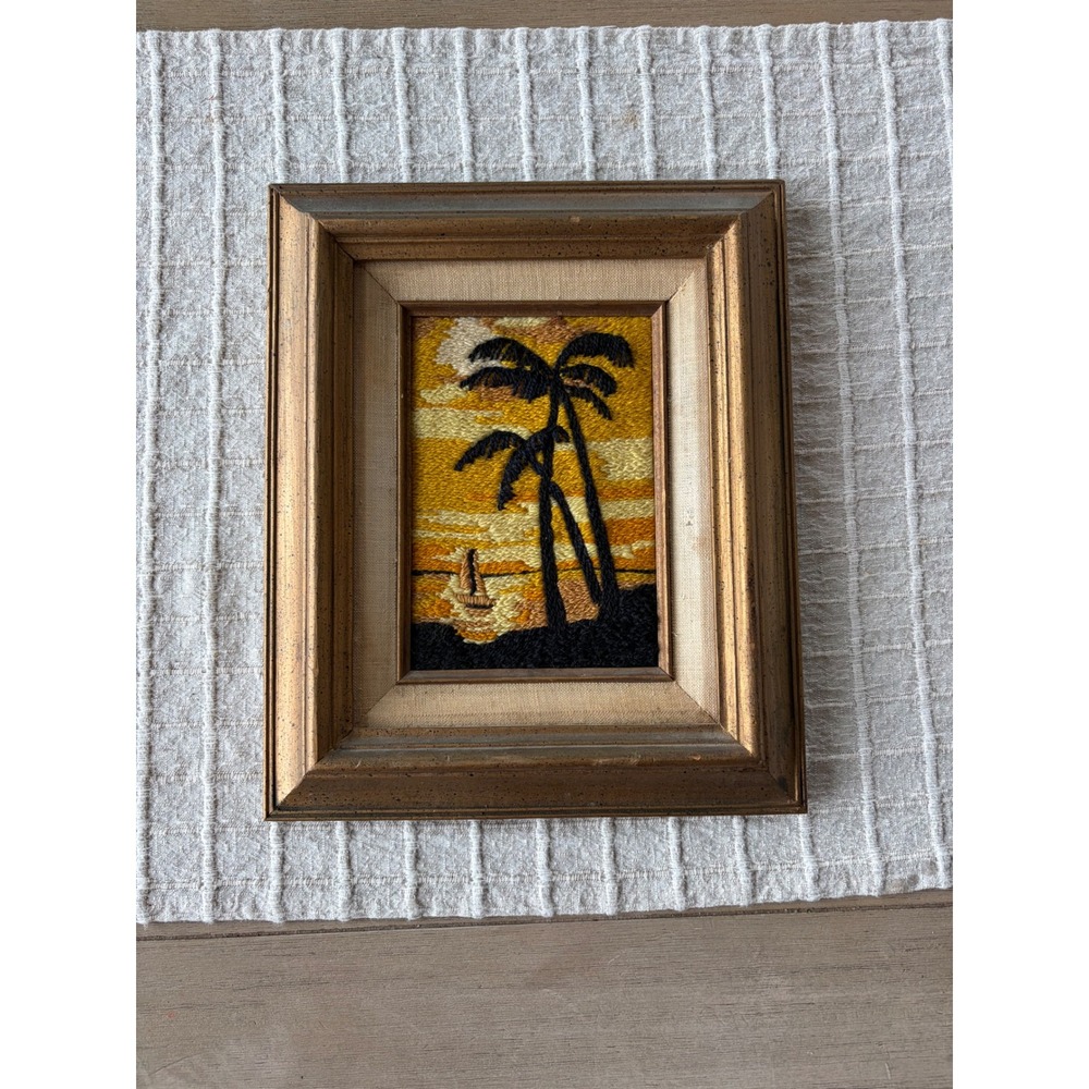 vintage needlepoint framed art 1970's tropical beach sunset palm trees sailboat